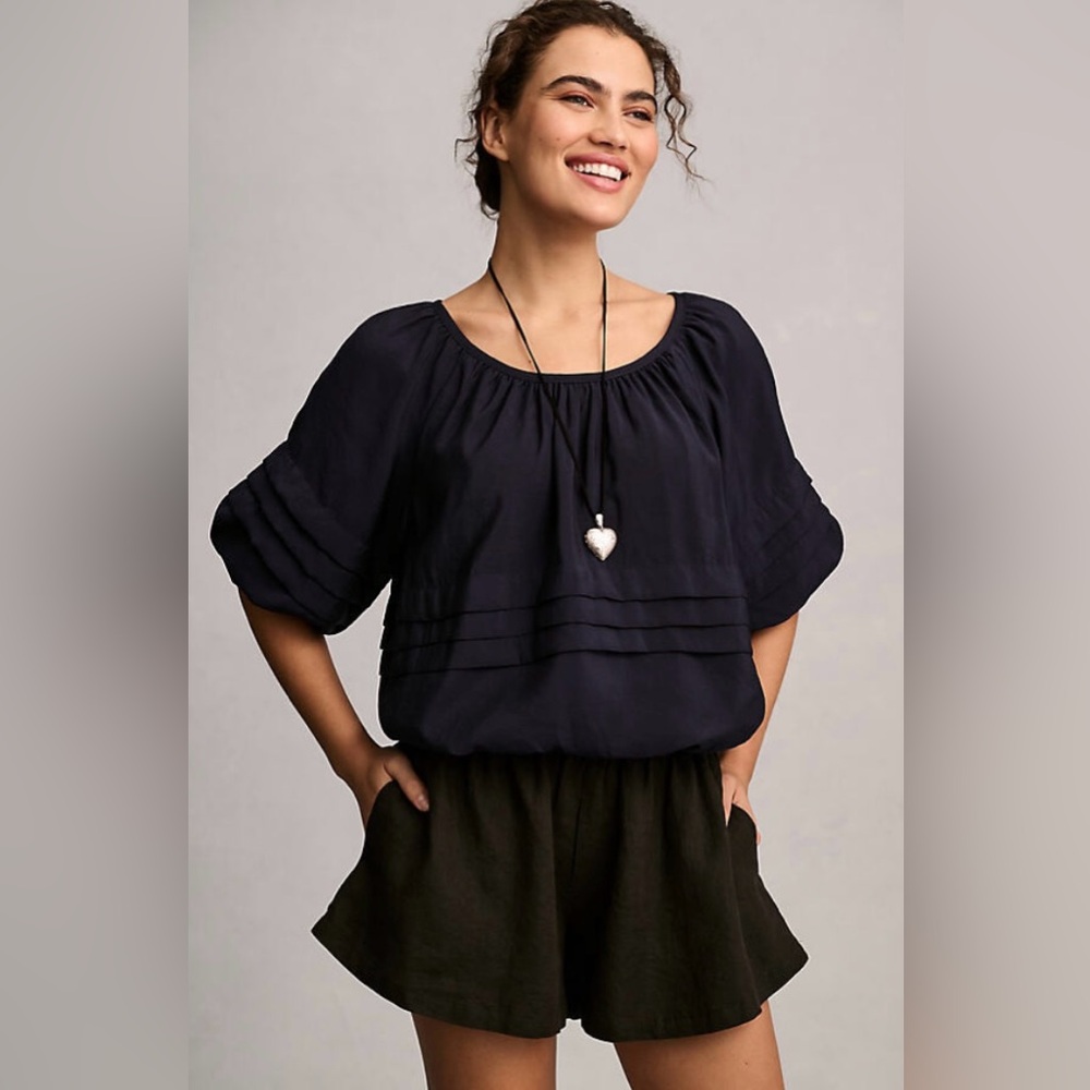 Maeve Navy Short-Sleeve Bubble Tiered Top